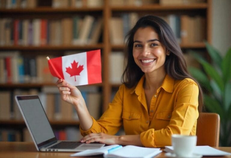 Common-Mistakes-Immigrants-Make-While-Applying-For-Canadian-Citizenship - Best Study Abroad Consultants in India Smiling woman in a yellow shirt sitting at a desk with a laptop, holding a small Canadian flag, with bookshelves in the background — symbolizing studying or planning to move to Canada.
