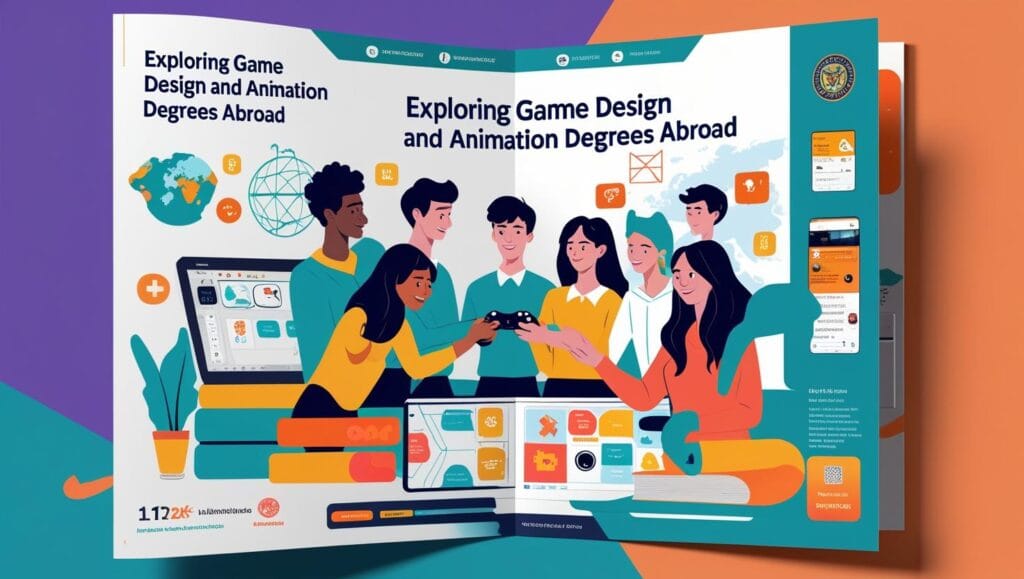Create a cover for Exploring Game Design and Animation Degrees Abroad (1) - Best Study Abroad Consultants in India Illustrated brochure cover titled "Exploring Game Design and Animation Degrees Abroad" featuring diverse students collaborating with gaming controllers, digital tools, and books, with global icons and UI elements representing animation, game development, and international education.