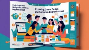 Illustrated brochure cover titled "Exploring Game Design and Animation Degrees Abroad" featuring diverse students collaborating with gaming controllers, digital tools, and books, with global icons and UI elements representing animation, game development, and international education.