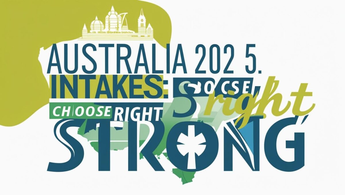Promotional graphic for Australia 2025 intakes, featuring the text 'AUSTRALIA 2025. INTAKES: CHOOSE RIGHT STRONG.' The background includes an outline of Australia with iconic landmarks at the top. The words 'INTAKES' and 'CHOOSE' are color-highlighted, and 'RIGHT' is written in cursive overlapping 'STRONG'.