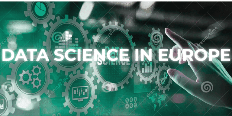 Hand pointing at virtual gears labeled “Data Science in Europe” with icons representing data charts, analytics, and digital technology.