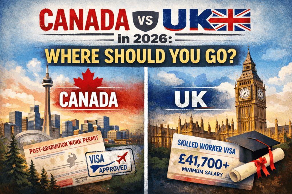 Canada vs UK in 2026: Salary & Visa Comparison - Best Study Abroad Consultants in India Canada vs UK 2026 study abroad comparison infographic showing salary and visa factors for Indian students